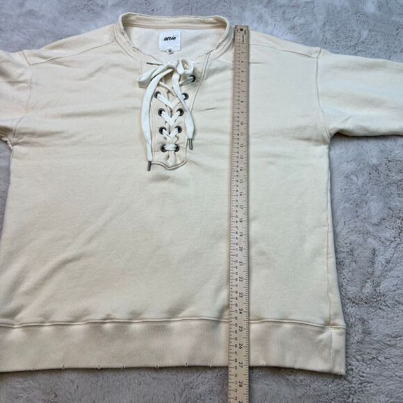 Aerie Soft Sweater Beige Tie Front Size Small Oversized Sweatshirt Distressed - Picture 8 of 10